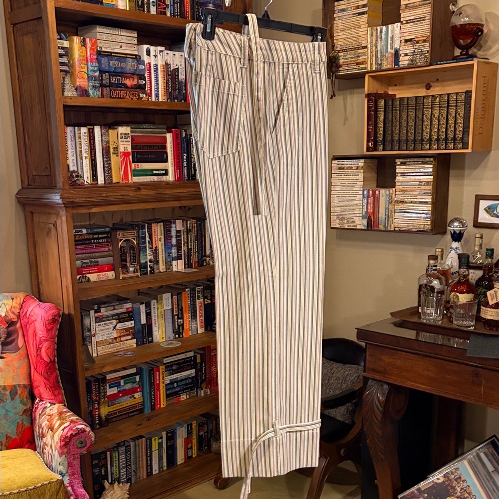 CAbi Beige and White Striped Wide Leg Pants